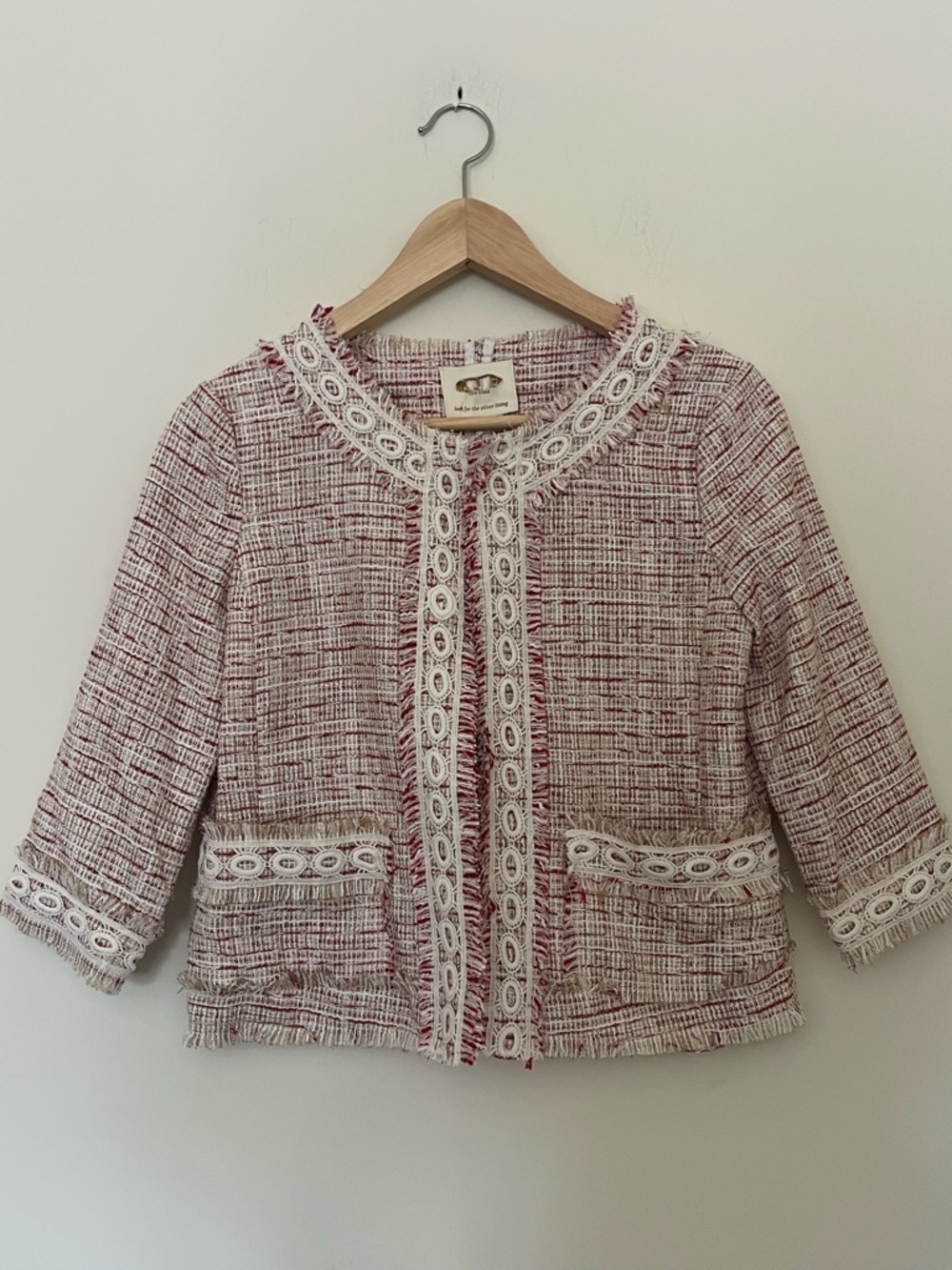 Vintage Classic Kate Spade Pink White Tweed Woven Linen Wool Frayed Jacket 4